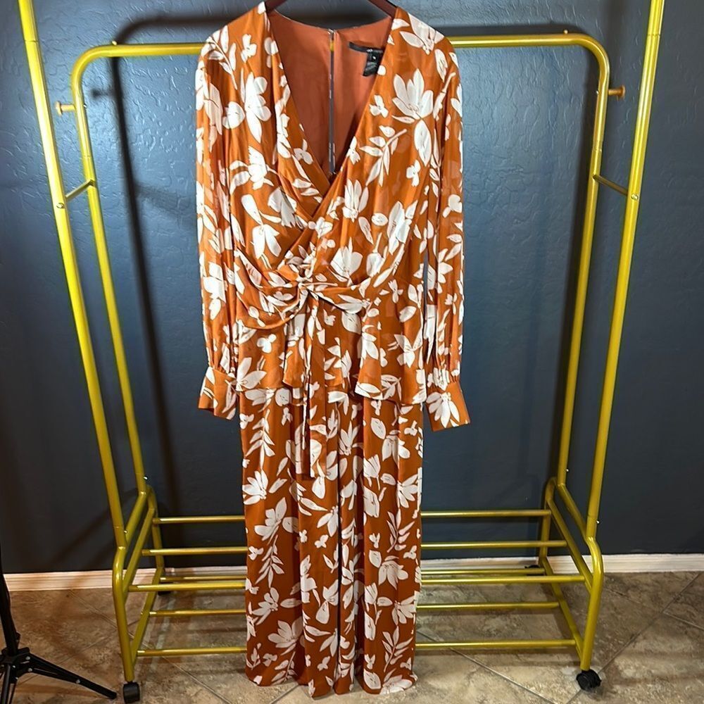 Jay Godfrey Red and White Maxi Sundress‎ with Long Bishop Sleeves and Plunge